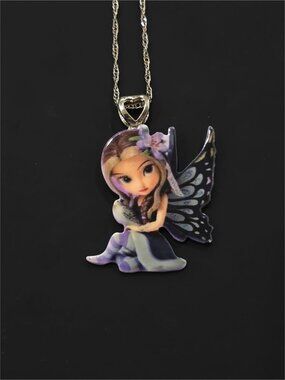 Hand Crafted ✦ Fairy Girl Acrylic Pendant Necklace ✦ Blue Wings Flower W/ Chain
